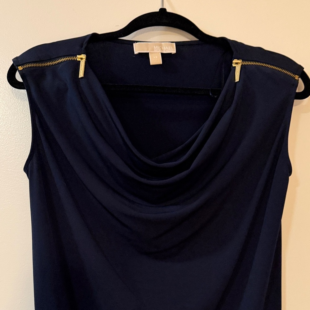 Michael Kors Navy Sleeveless Cowl Neck Top with Gold Zipper Detail